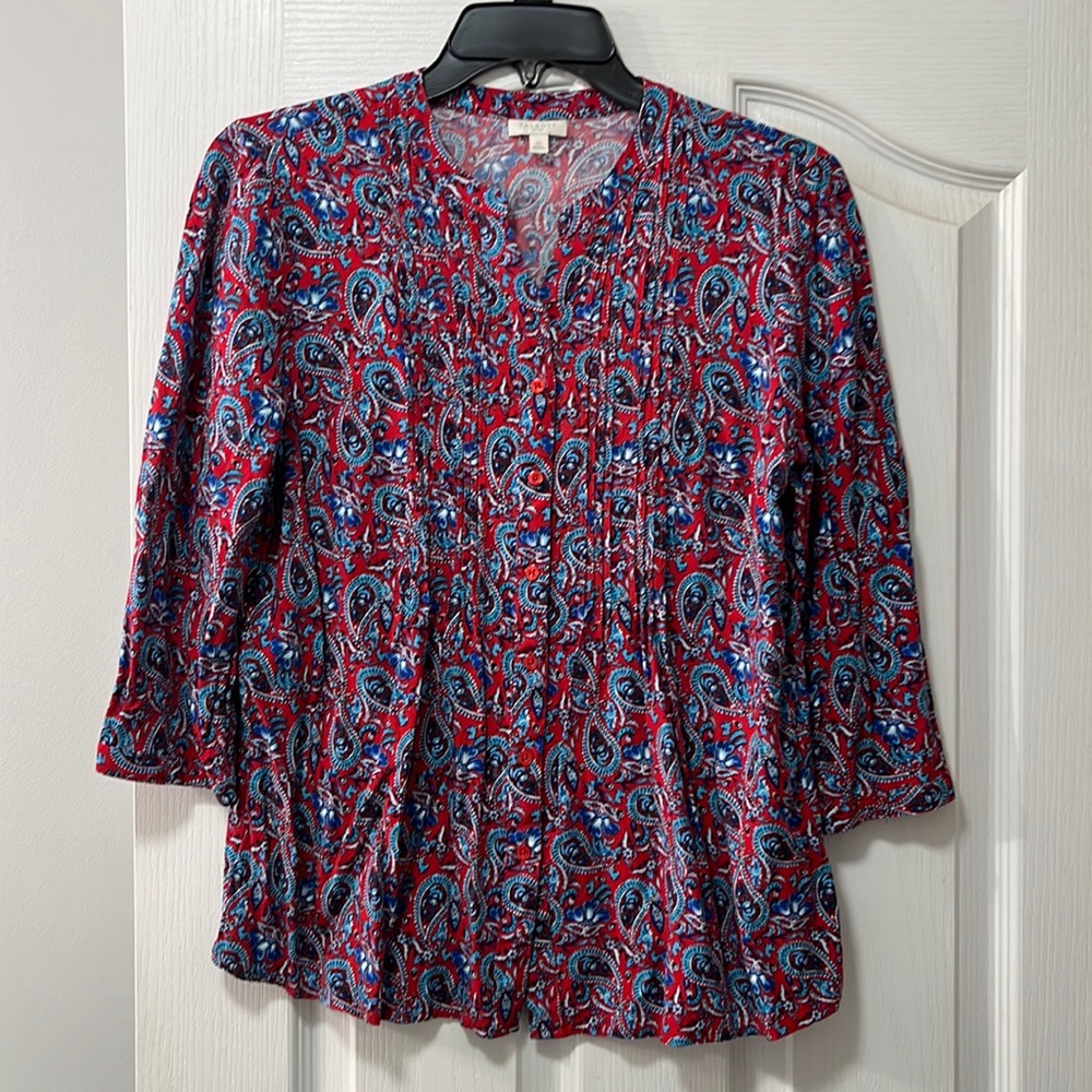 Ladies petite small Talbots red and blue paisley blouse